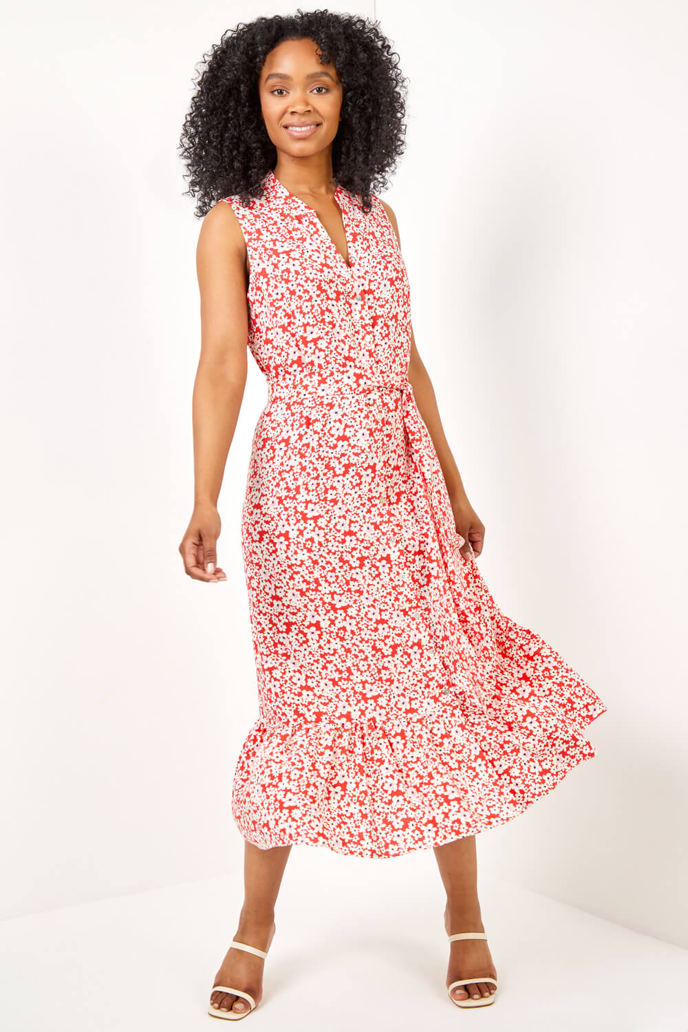 Red Petite Ditsy Floral Print Frill Tiered Dress, Image 2 of 5