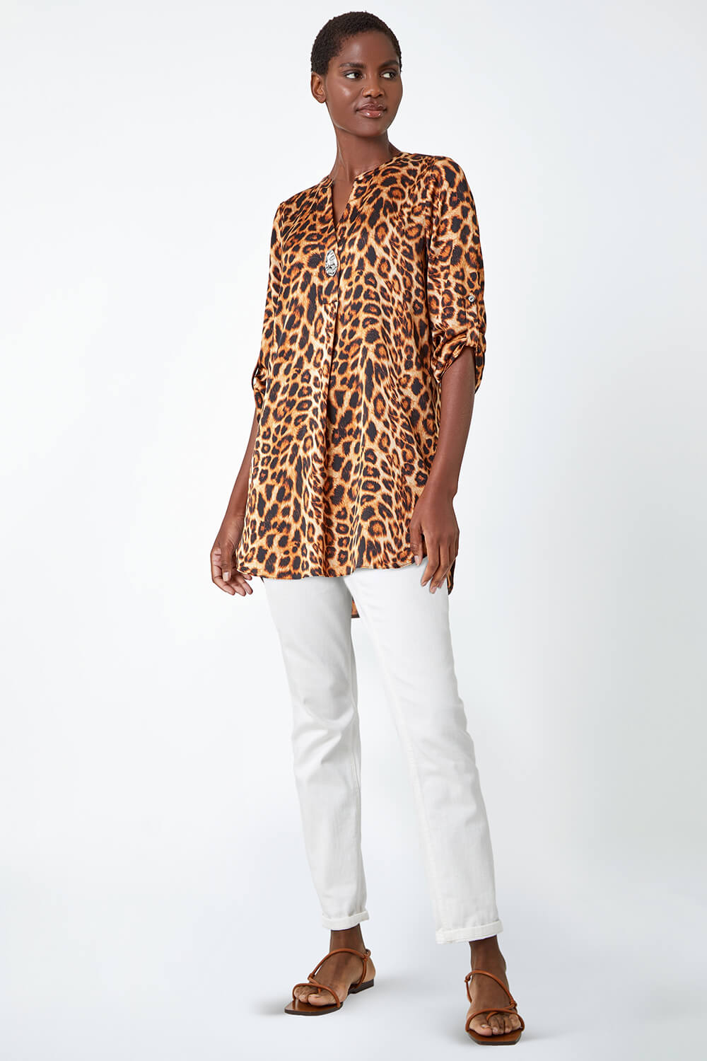 Natural  Animal Longline Button Detail Blouse, Image 4 of 5