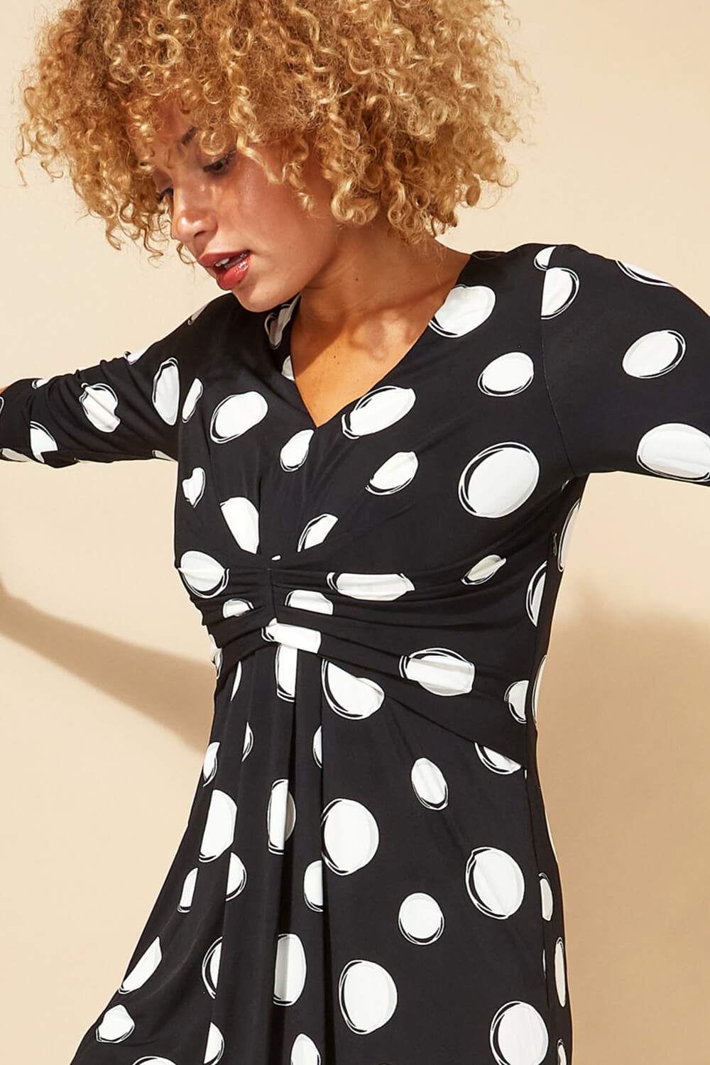 Black Spot Print Ruched Waist Fit & Flare Dress, Image 4 of 4