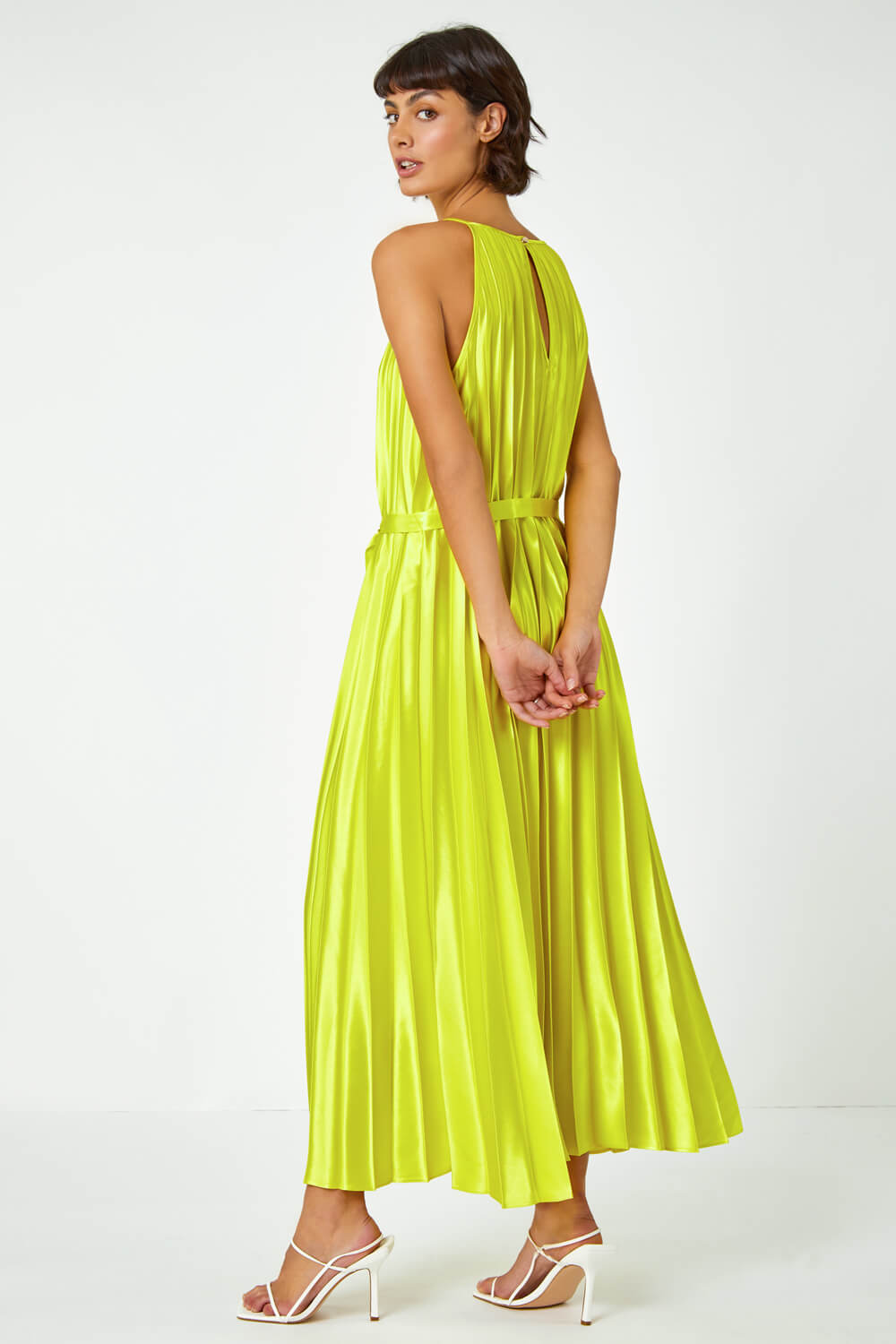 Lime Sleeveless Pleated Halter Neck Midi Dress, Image 3 of 5