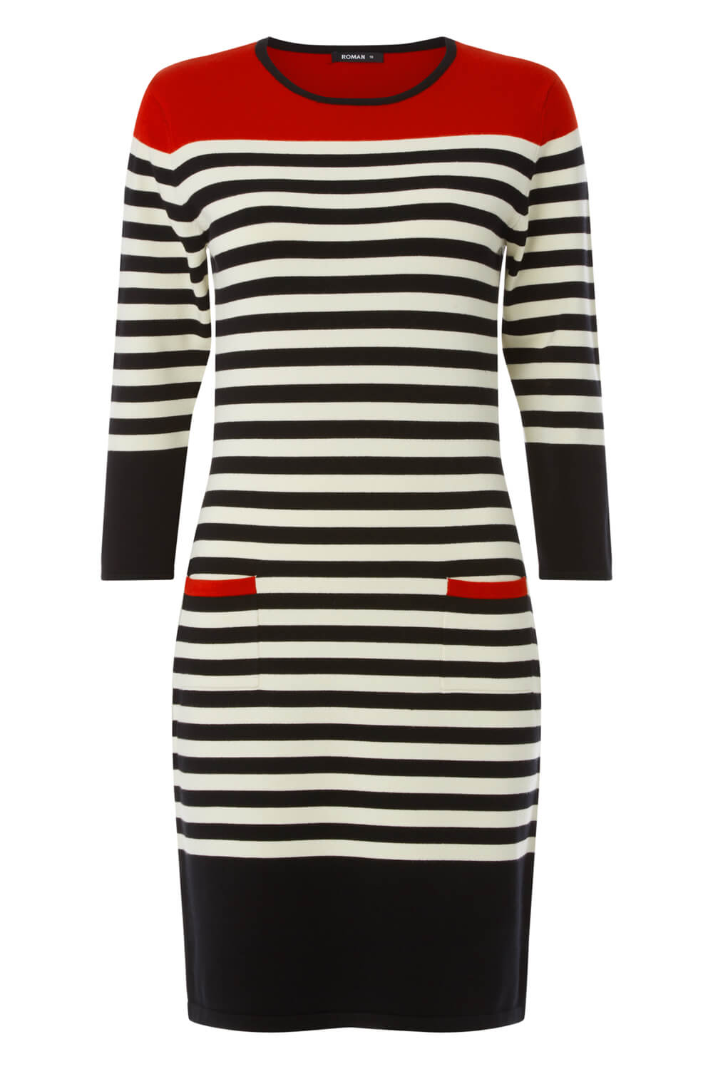 Stripe Pocket Knitted Shift Dress in Red - Roman Originals UK