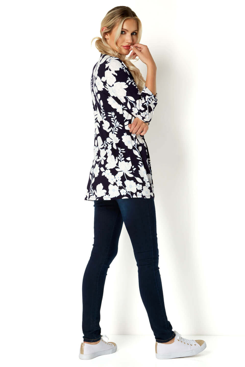 Navy  Floral Jersey Blouse, Image 3 of 4