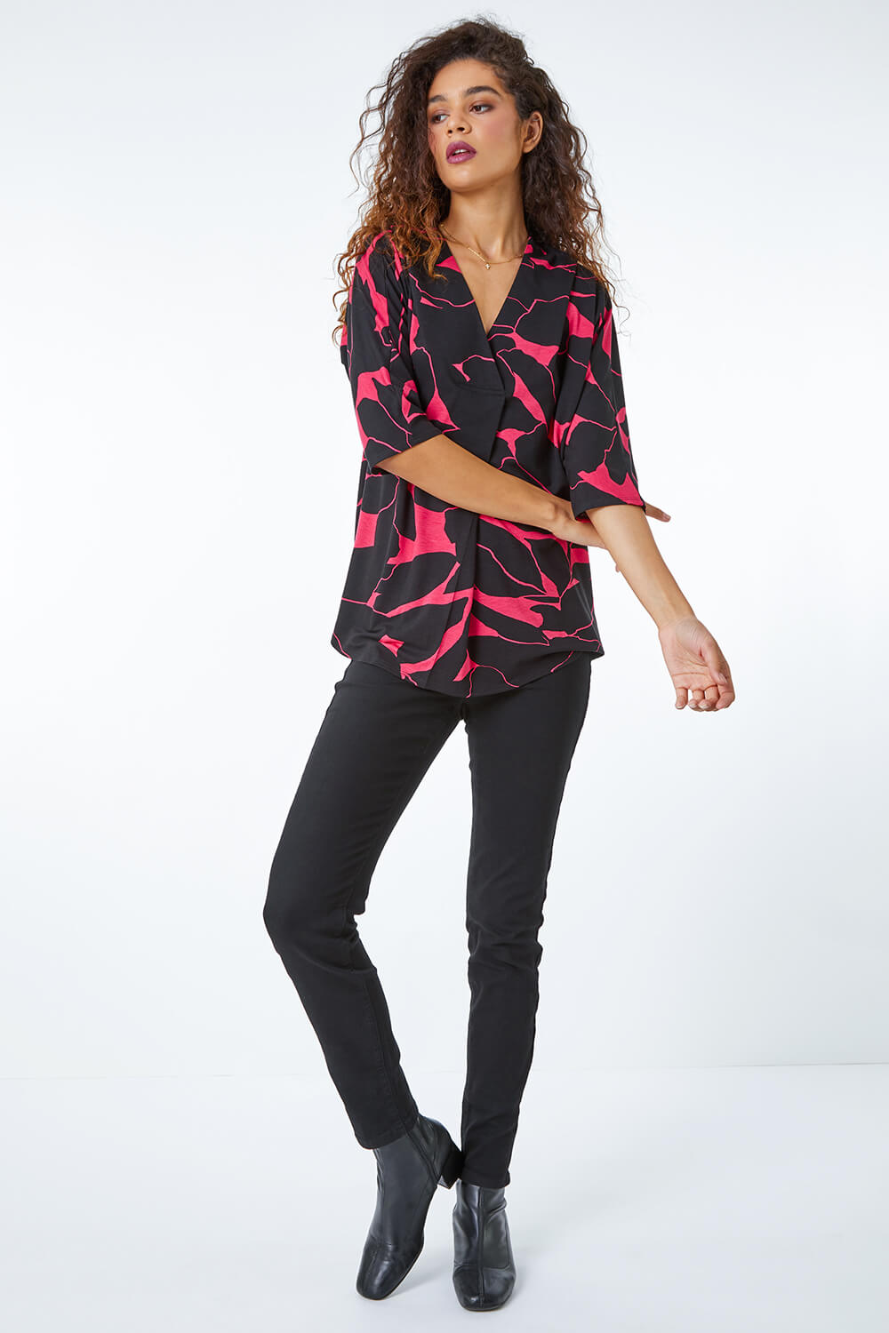CERISE Floral Print Pleat Front Top, Image 2 of 5