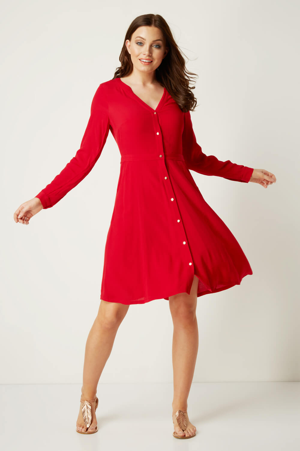 Red Fit and Flare Shirt Dress, Image 2 of 4