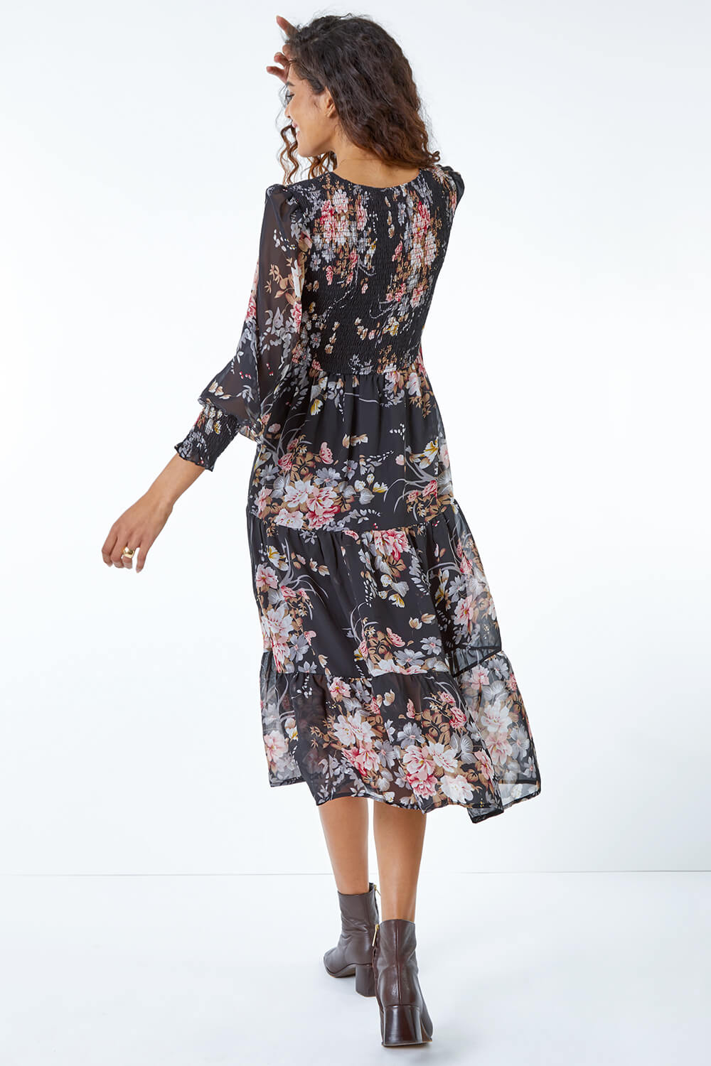 Black Floral Shirred Midi Dress, Image 4 of 5