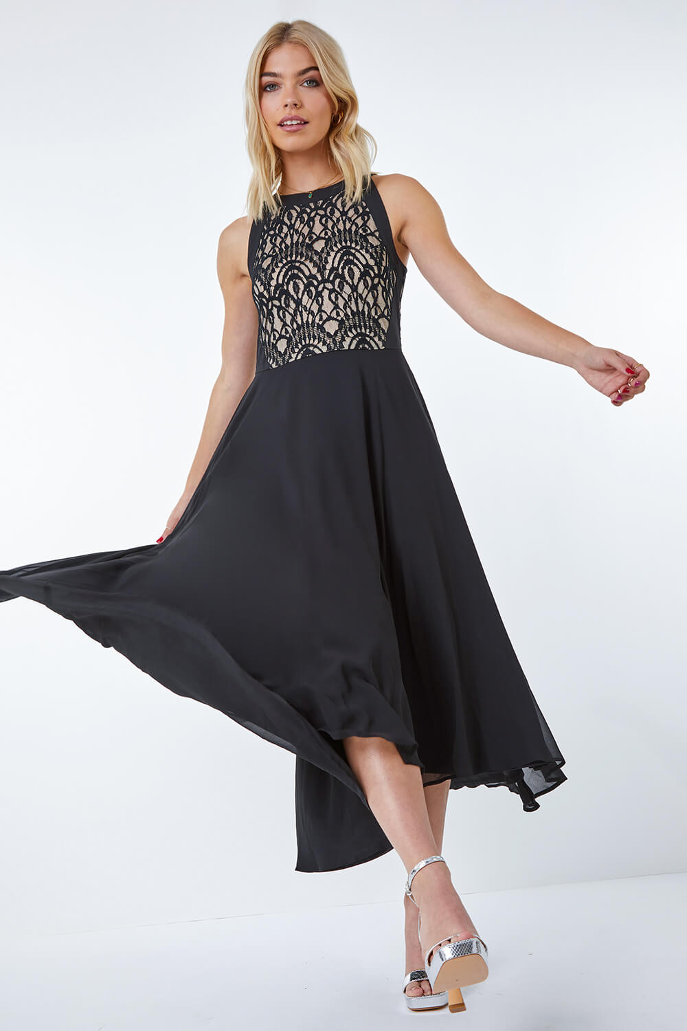 Black Lace Bodice Halter Neck Dress, Image 2 of 5
