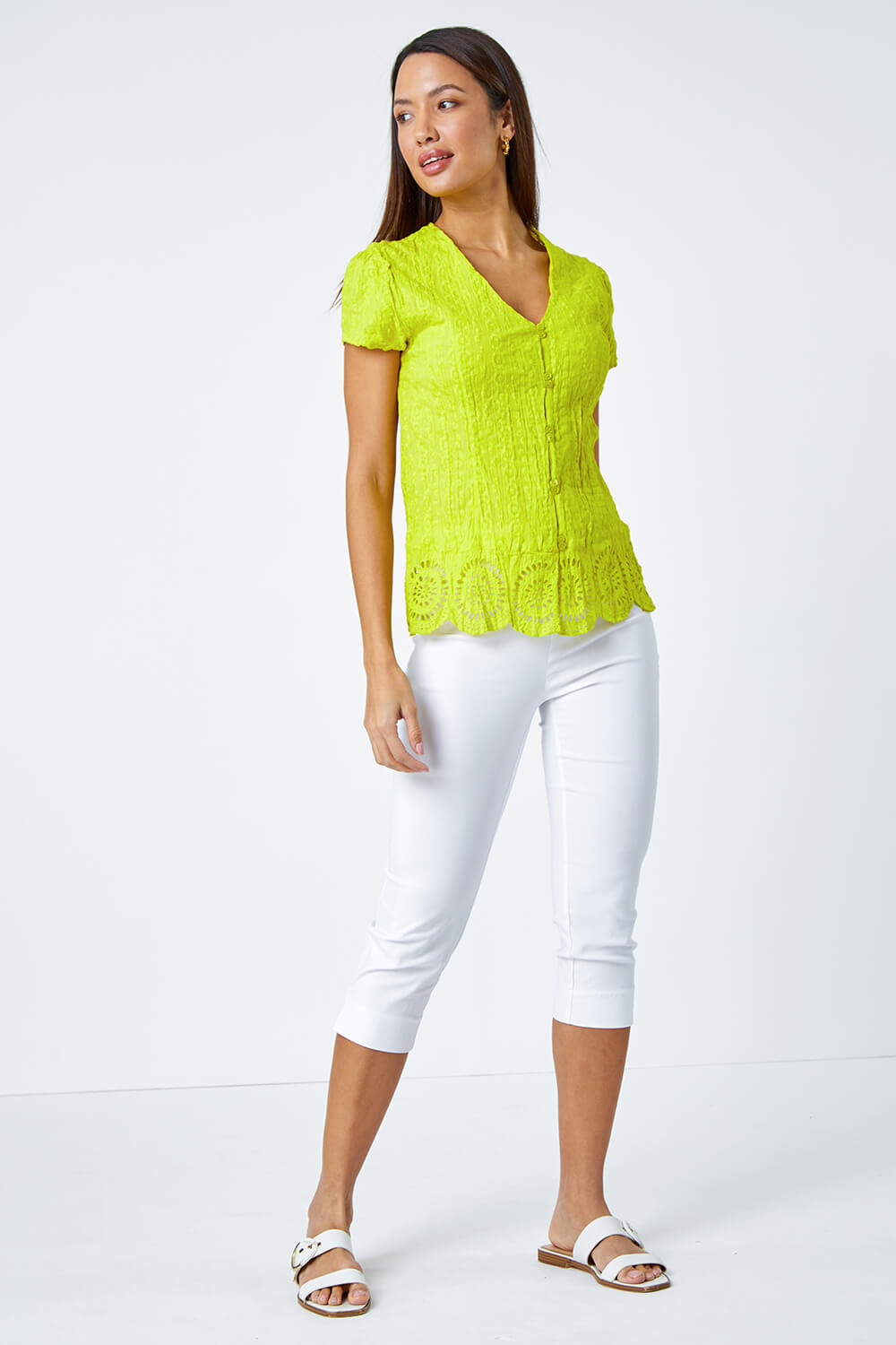 Lime Cotton Embroidered Crinkle Blouse, Image 2 of 5