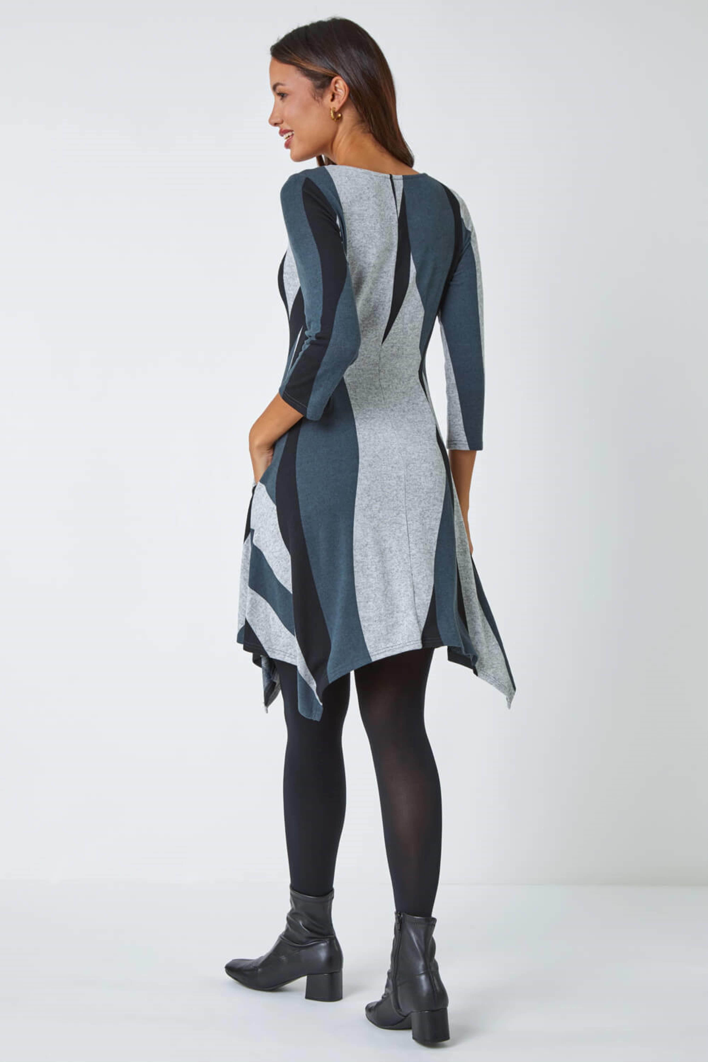 Grey Ribbon Print Stretch Dress, Image 3 of 5