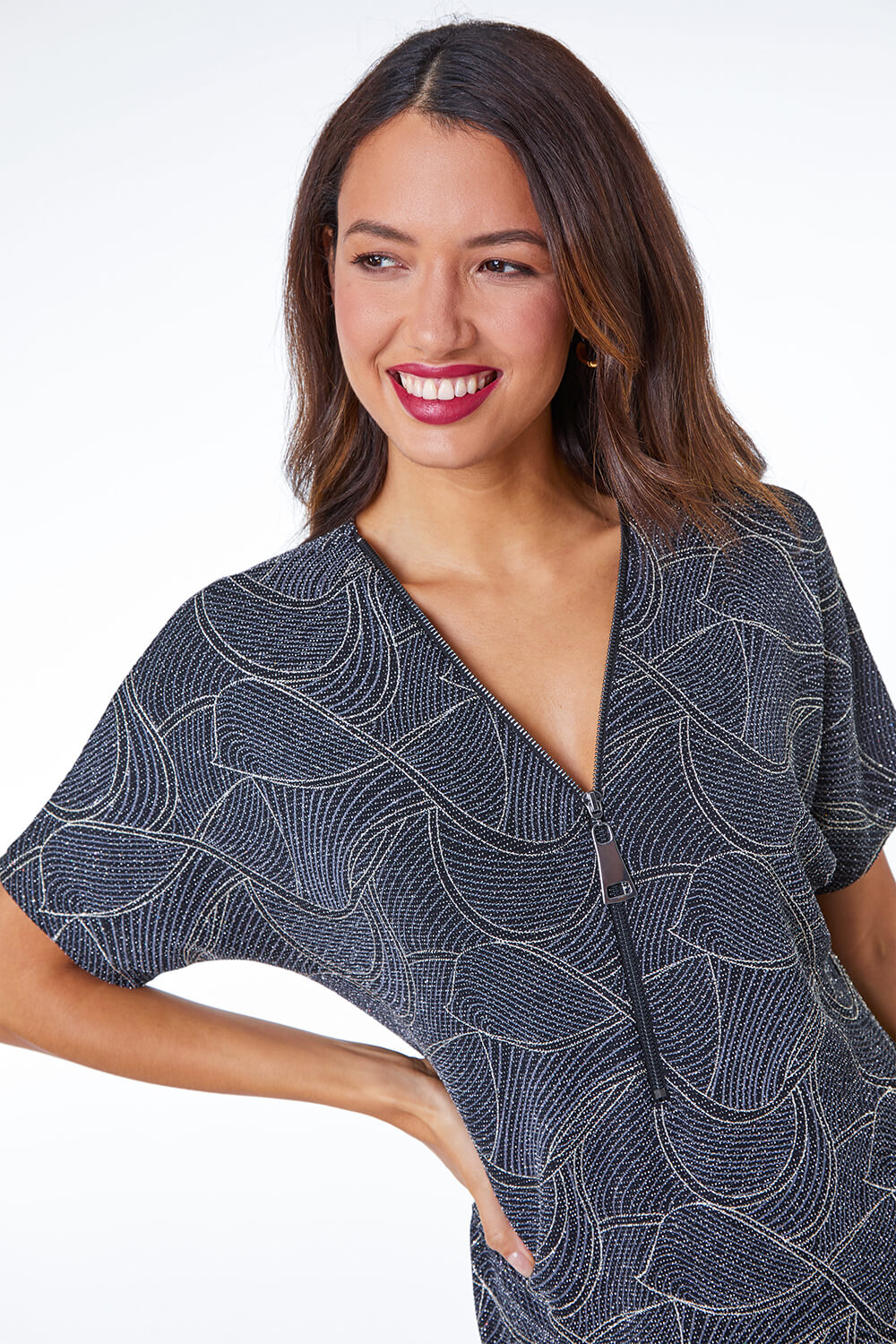 Silver Linear Shimmer Print Zip Front Top , Image 4 of 5