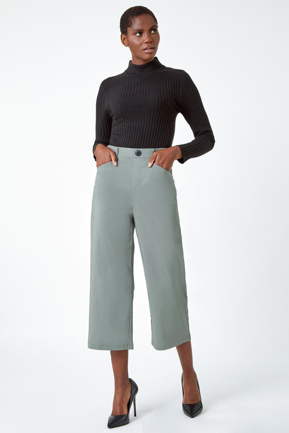 Khaki Cropped Stretch Culotte | Roman UK