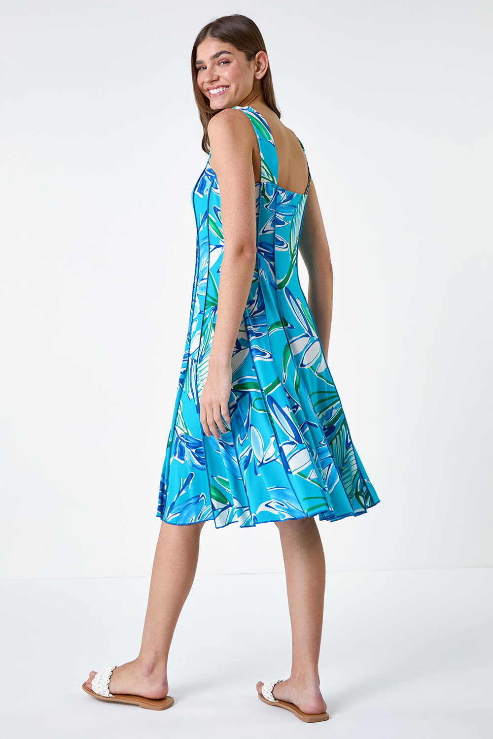 Aqua Leaf Print Stretch Panel Dress, Image 3 of 5