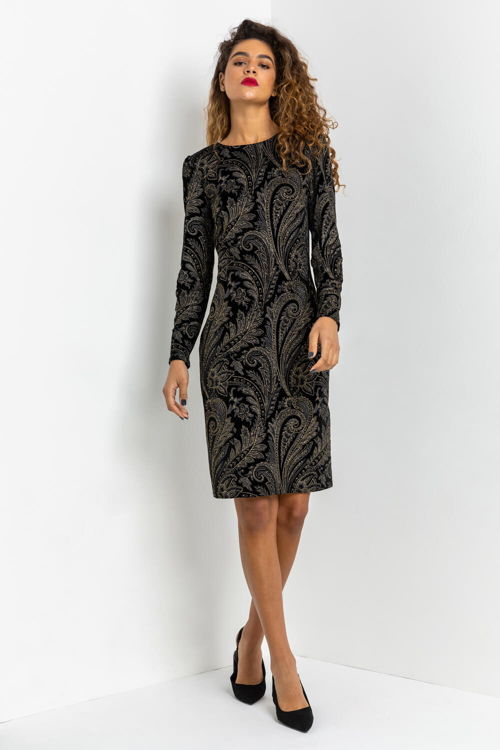 Black Shimmer Paisley Velvet Shift Dress, Image 1 of 5