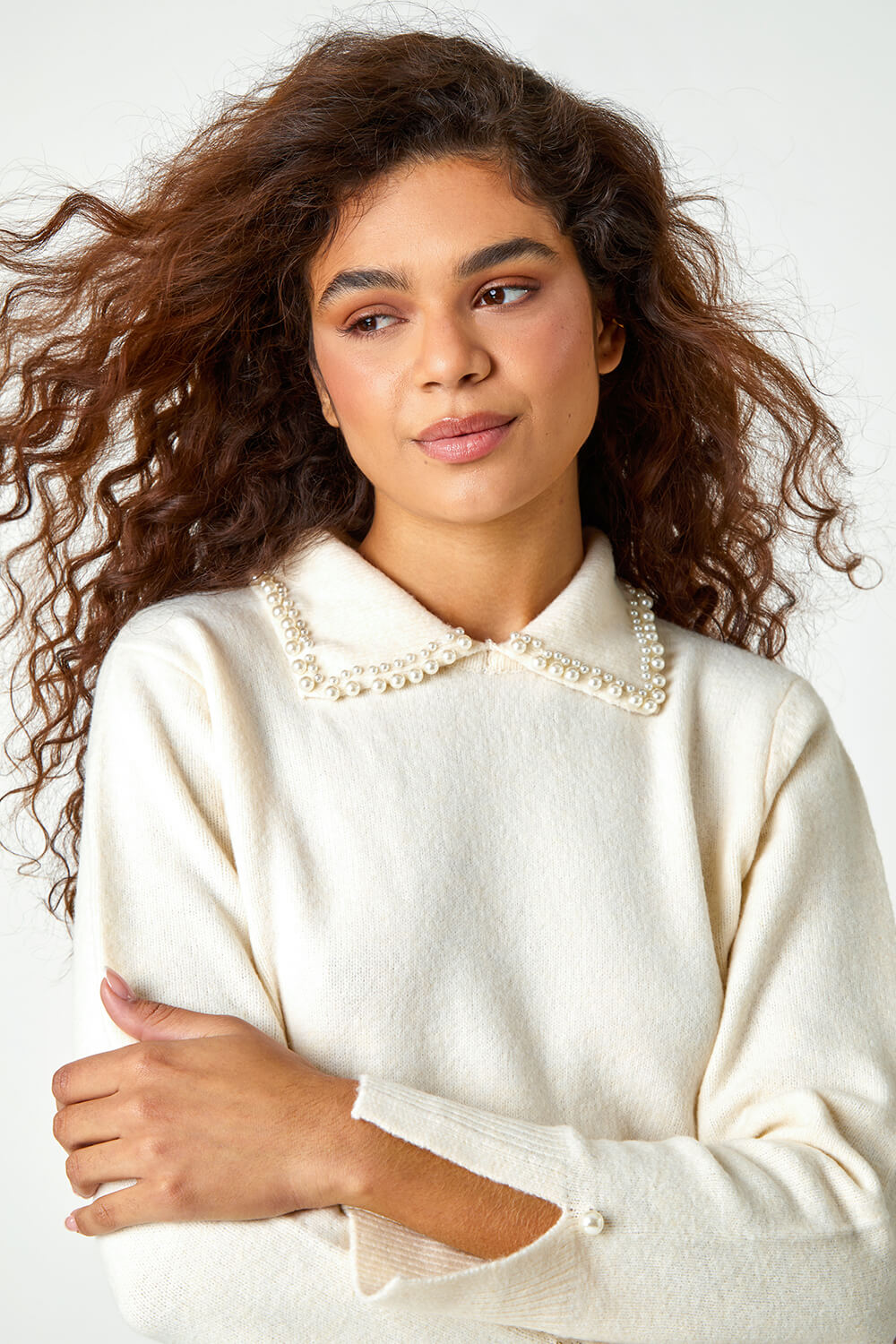 Ivory  Pearl Collared Stretch Jumper, Image 4 of 5