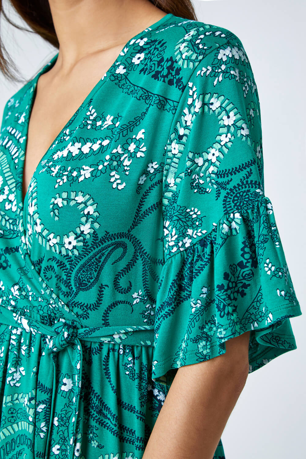 Green Paisley Print Stretch Jersey Wrap Top, Image 5 of 5