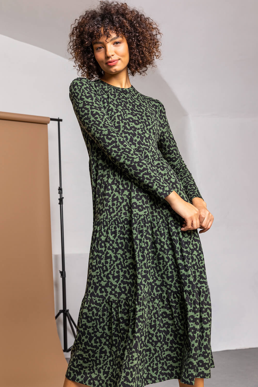 Dark Green Animal Jersey Tiered Midi Dress | Roman UK
