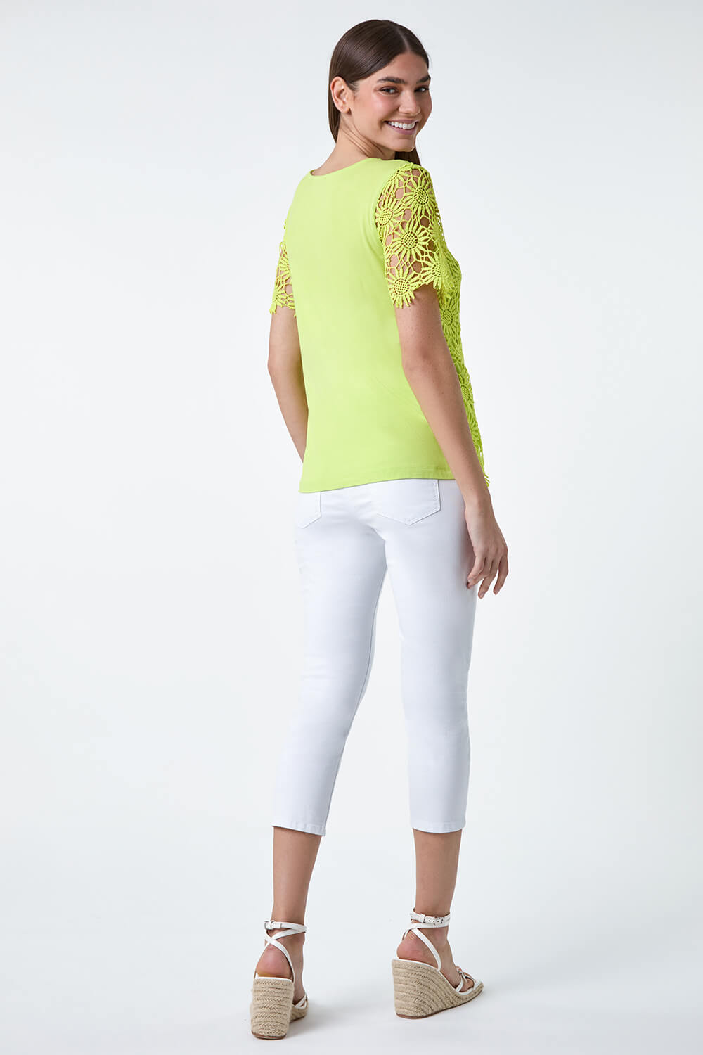 Yellow Floral Lace Stretch Jersey T-Shirt, Image 3 of 5
