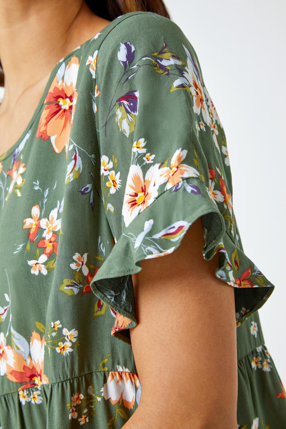 Olive Floral Frill Sleeve Tiered Smock Dress, Image 5 of 5