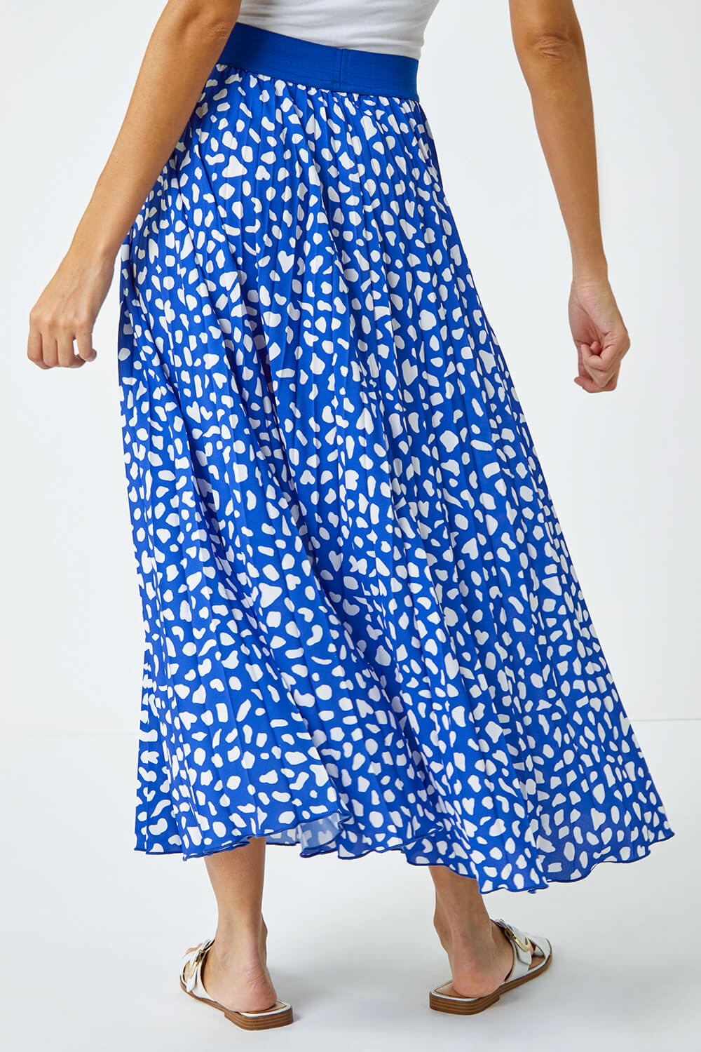 Royal Blue Abstract Spot Pleated Midi Skirt, Image 3 of 5