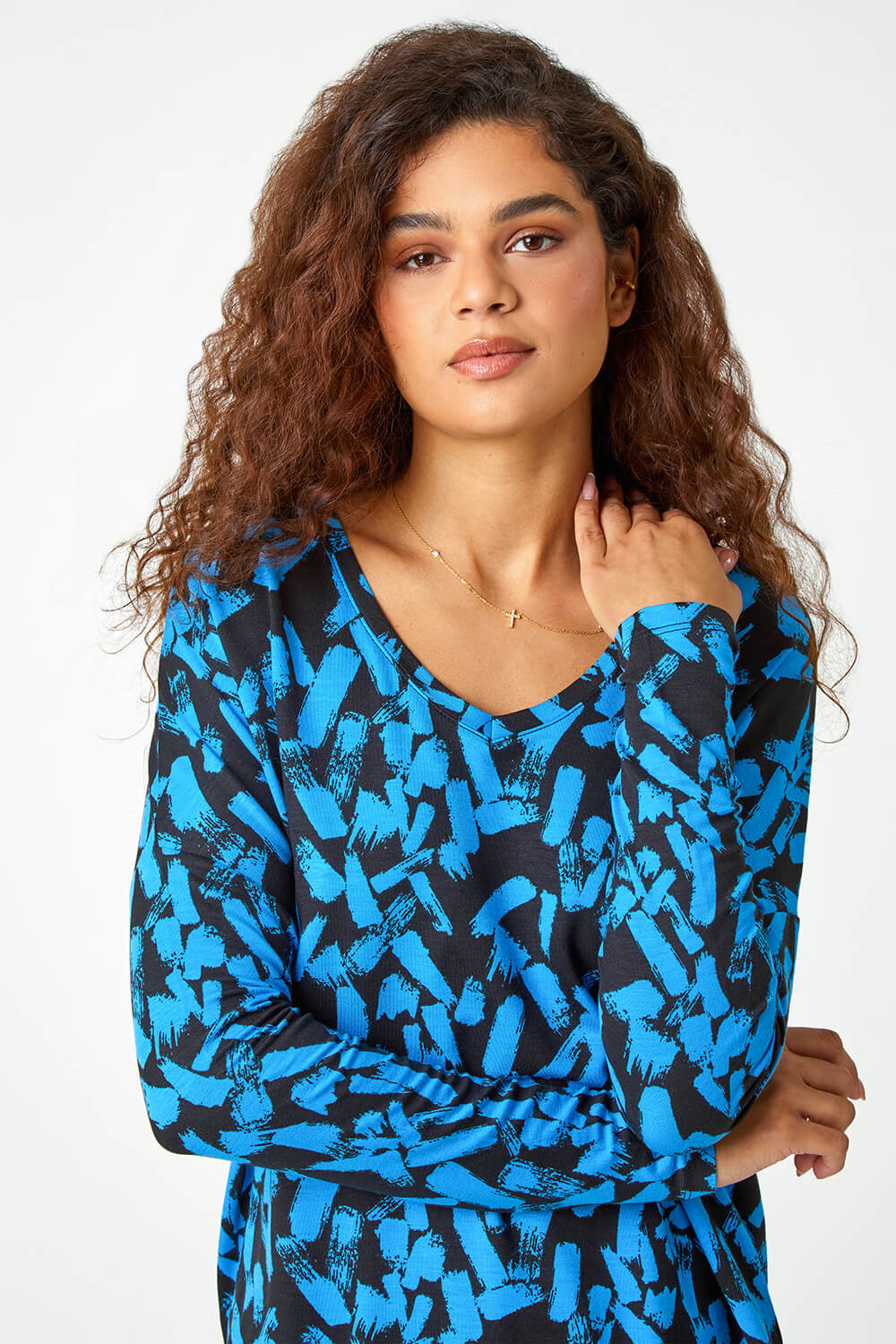 Blue Abstract Print Tunic Stretch Top , Image 4 of 5