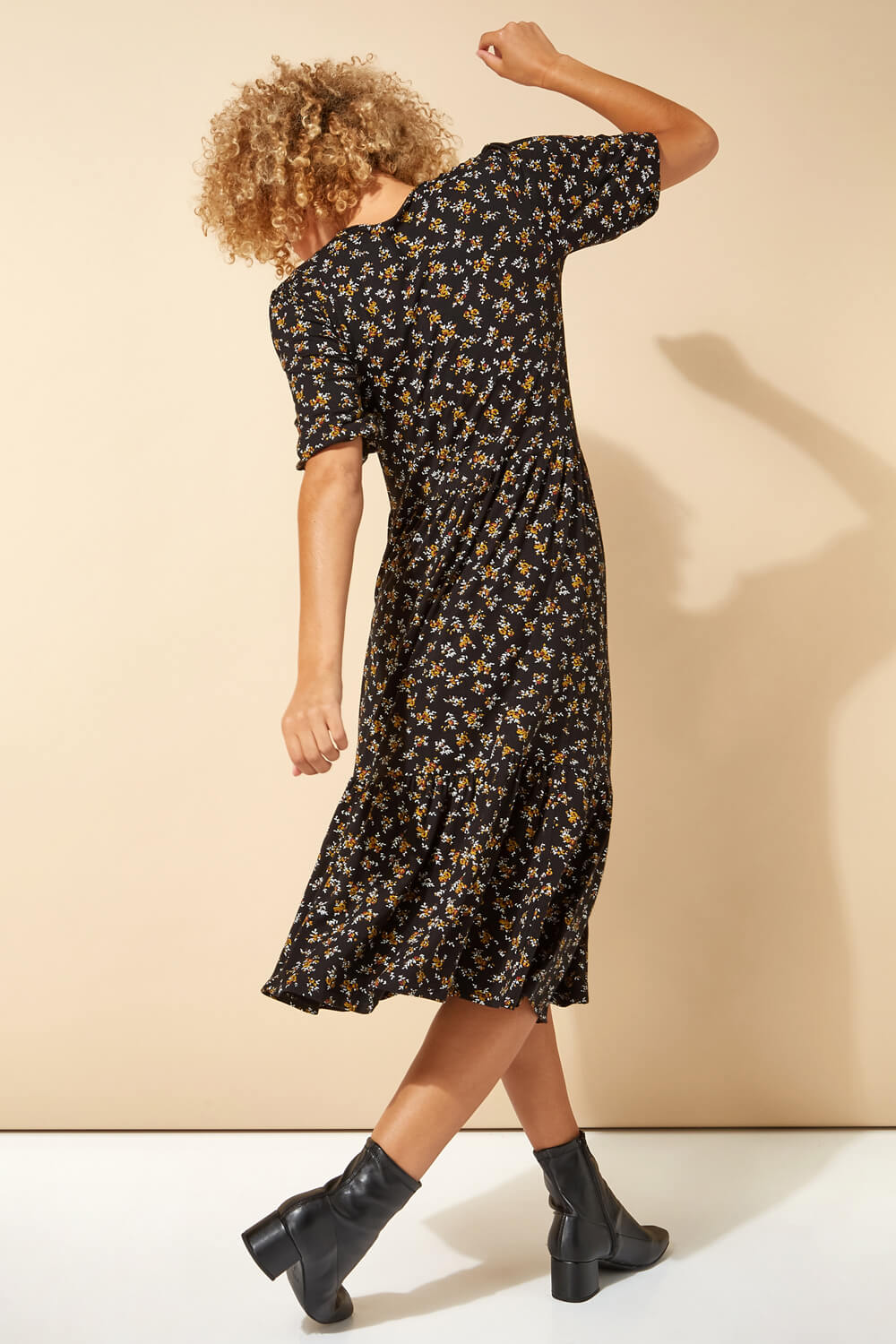 Black Ditsy Floral Tiered Midi Dress, Image 2 of 4