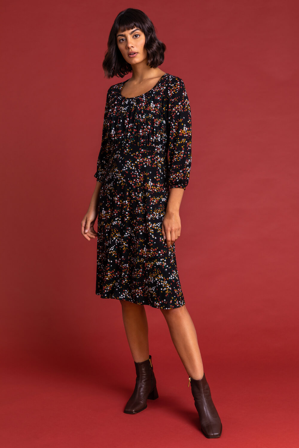 Rust Square Neck Ditsy Floral Dress, Image 3 of 6