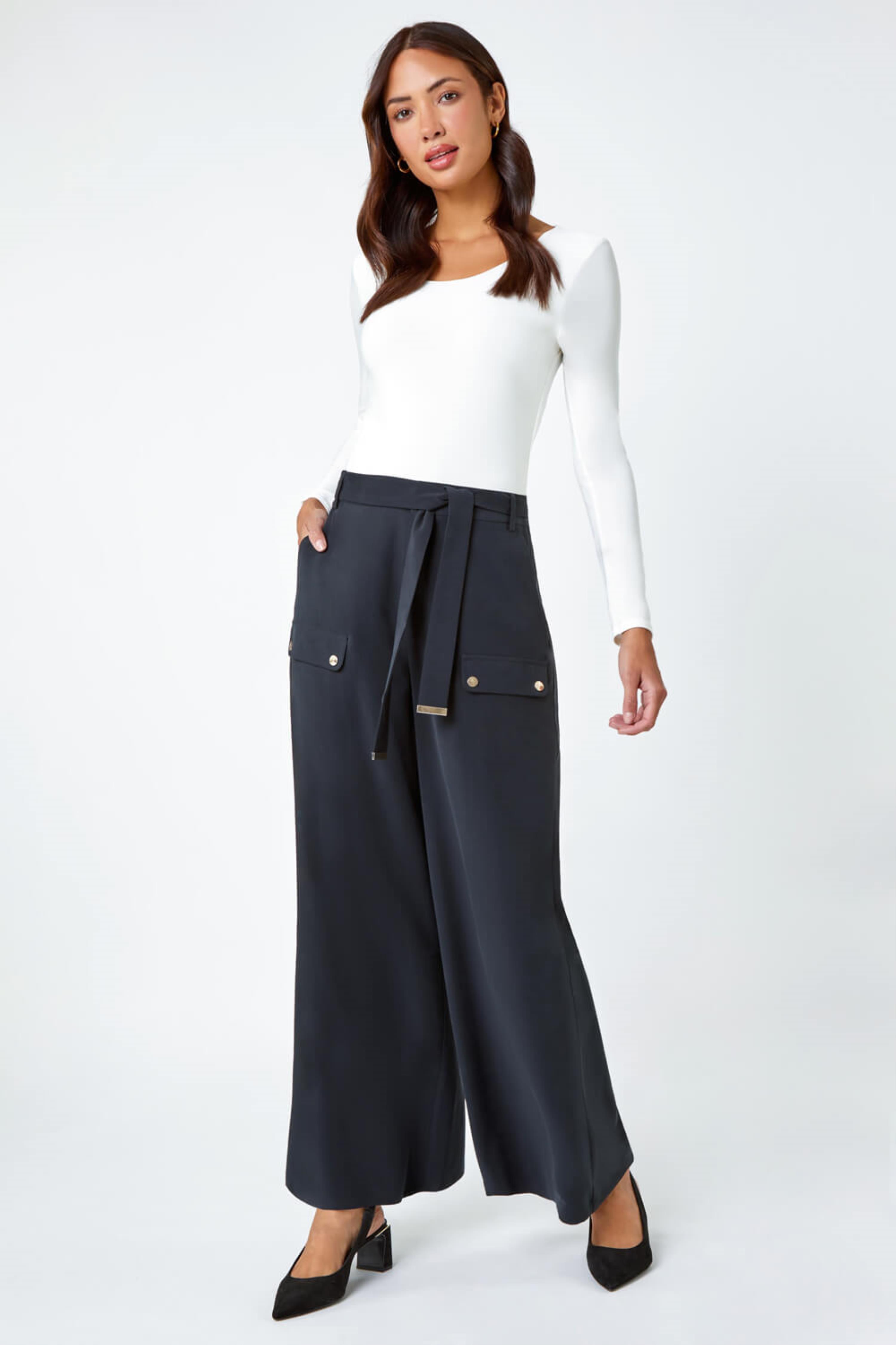 Black Wide Leg Belted Stretch Trousers, Image 2 of 5