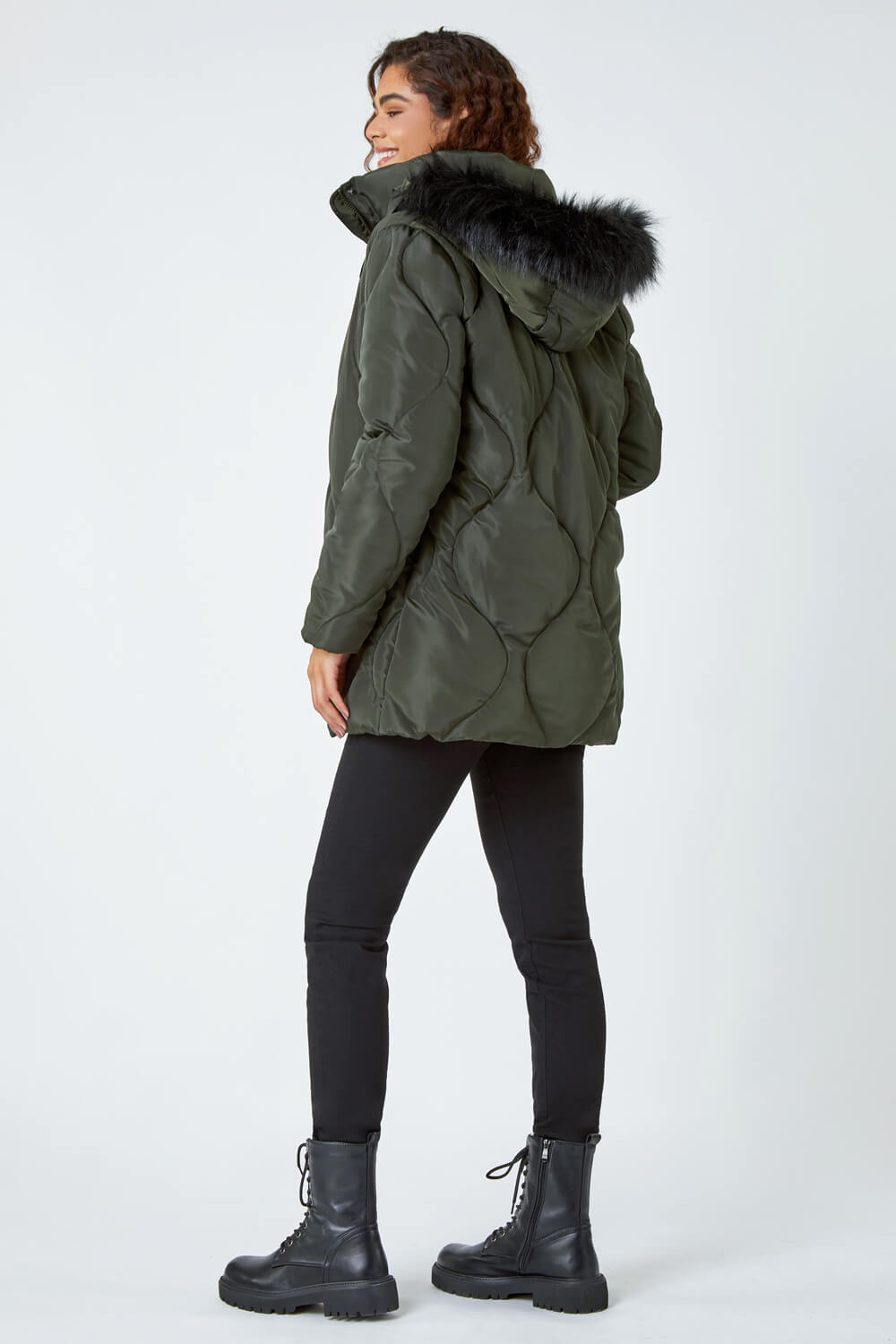 Dark Green Quilted Faux Fur Hooded Coat, Image 3 of 5
