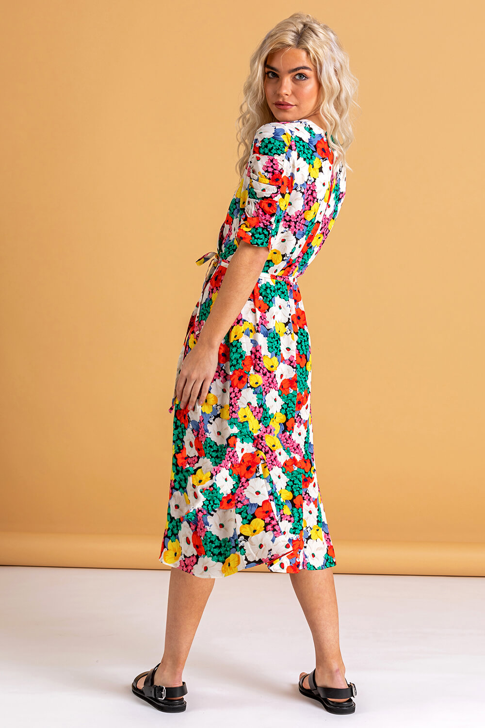 Multi  Bold Floral Midi Wrap Dress, Image 2 of 3