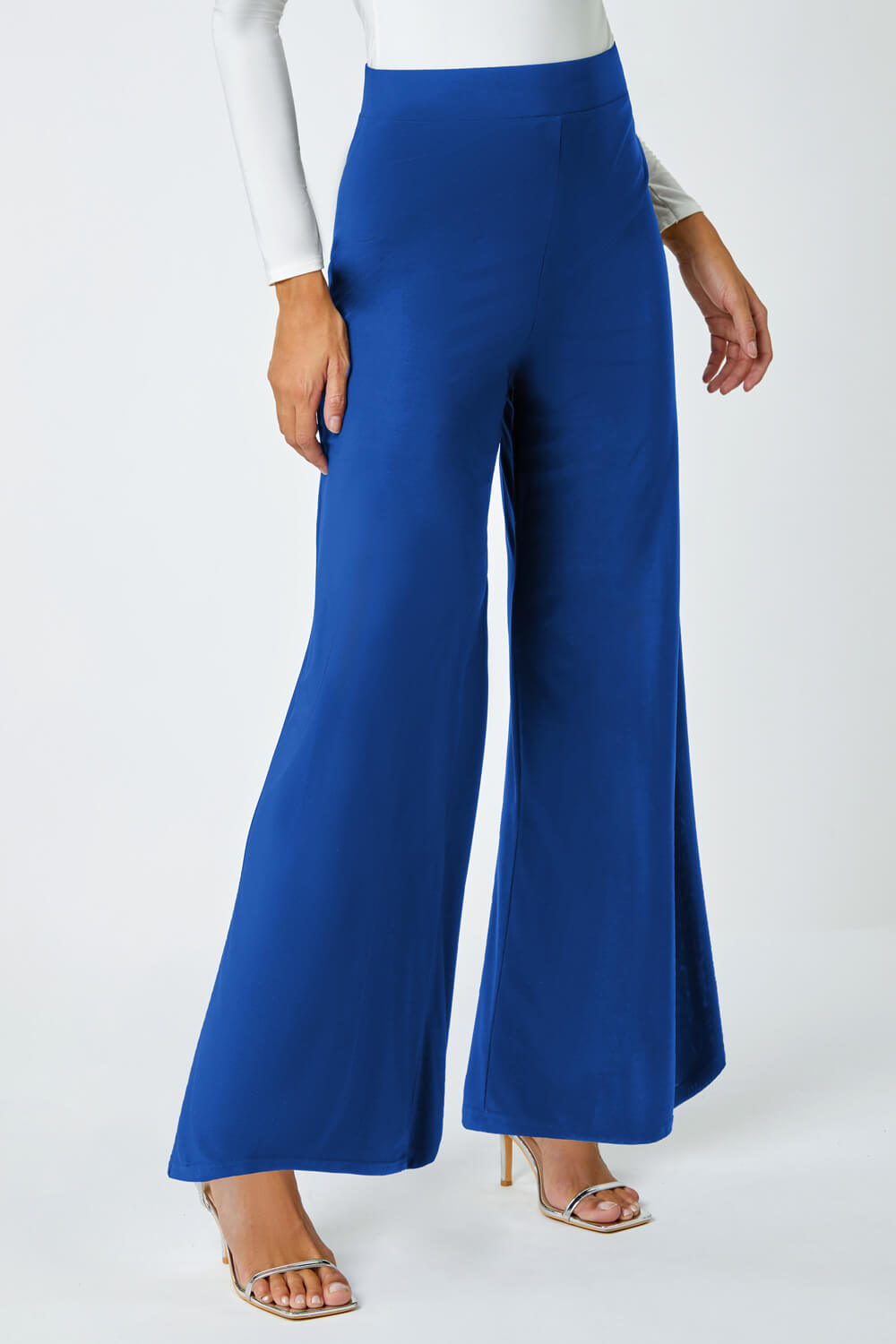 Blue Wide Leg Stretch Trousers, Image 4 of 5