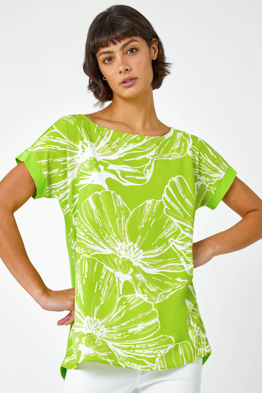 Lime Linear Floral Print Stretch T-Shirt | Roman UK