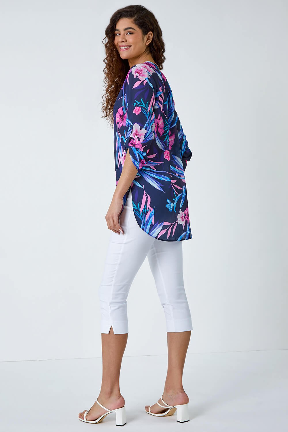 PINK Tropical Print Longline Blouse, Image 3 of 5