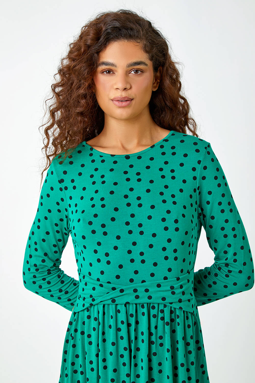Green Twist Waist Spot Print Stretch Dress, Image 4 of 5