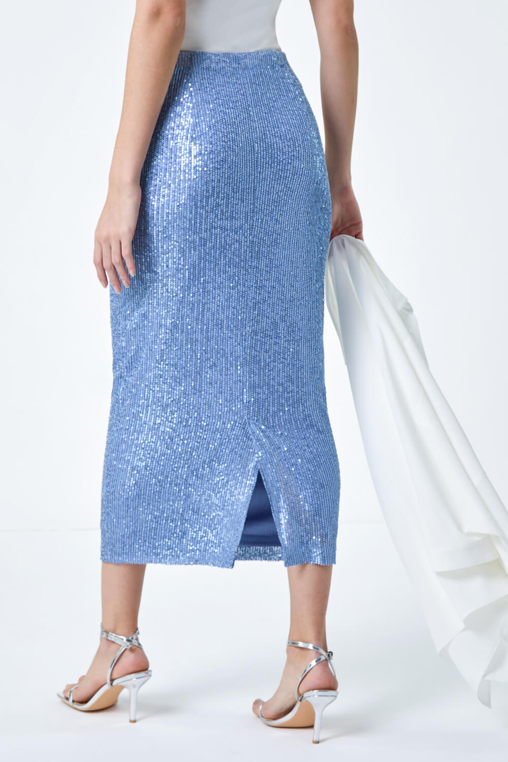 Steel Blue Sequin Sparkle Stretch Midi Skirt, Image 3 of 5