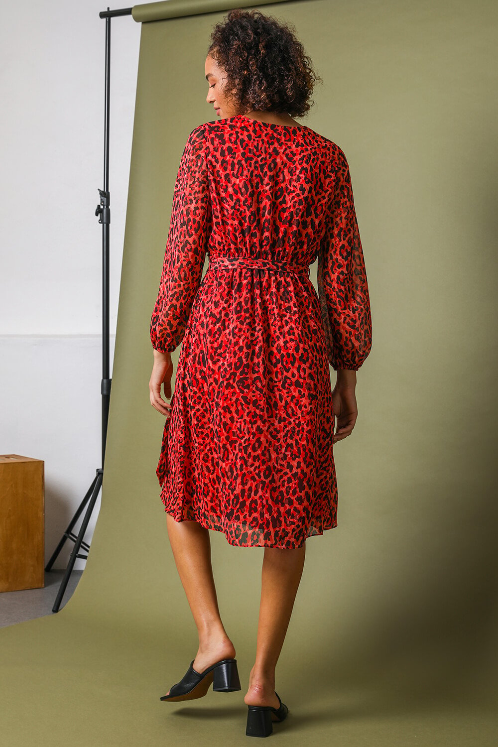 Red Animal Print Belted Wrap Dress, Image 2 of 5