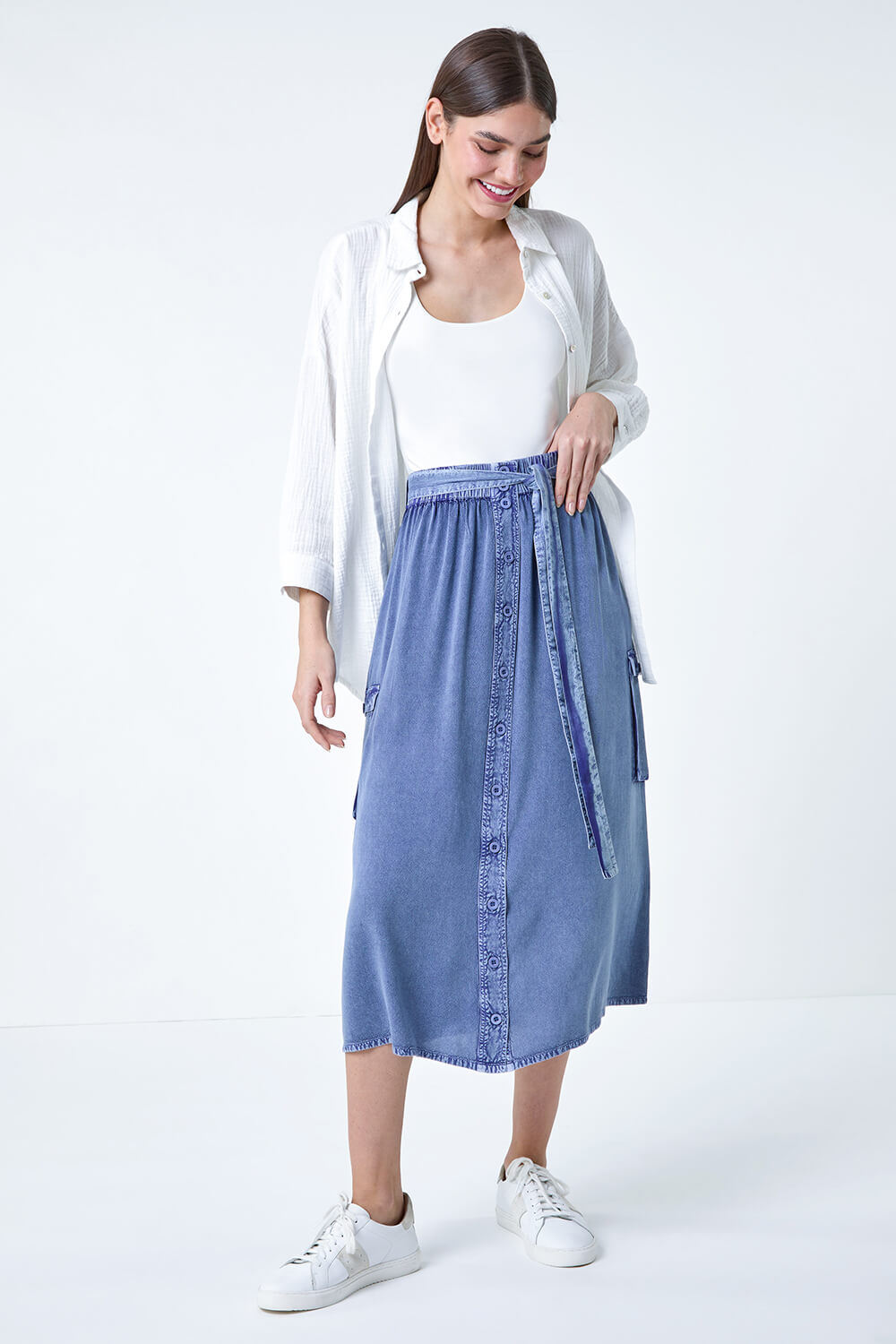 Denim Elastic Waist Button Front Pocket A Line Skirt, Image 2 of 5