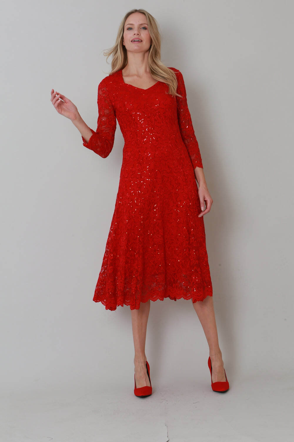 Red Julianna Sequin Lace Midi Dress, Image 4 of 4