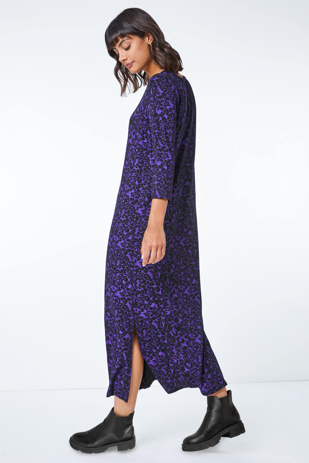 Purple Animal Print Jersey Stretch Midi Dress, Image 3 of 5