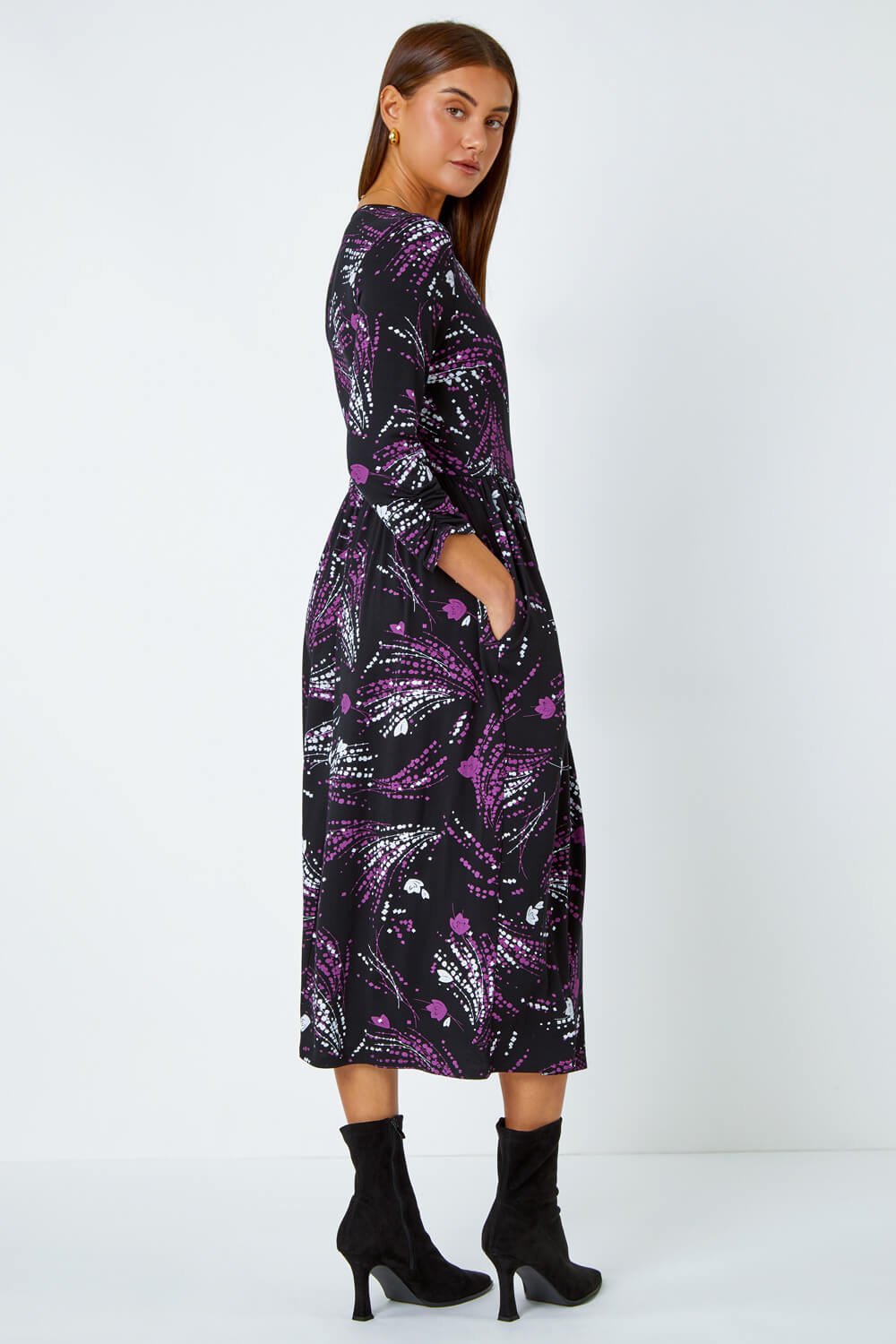 Purple Abstract Print Wrap Midi Stretch Dress, Image 3 of 5