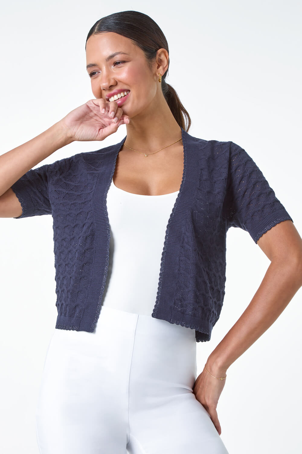 Babyhug Knitted Full Sleeves Shimmered Shrug with Frill Detailing - Navy Blue