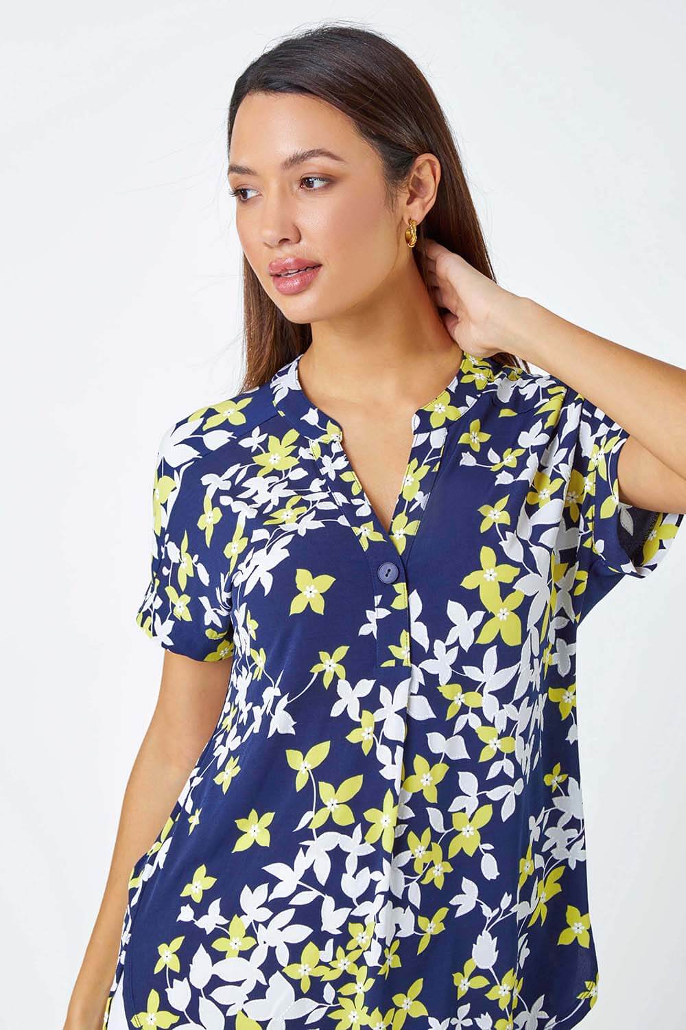 Yellow Floral Puff Print Pleat Front Top, Image 4 of 5