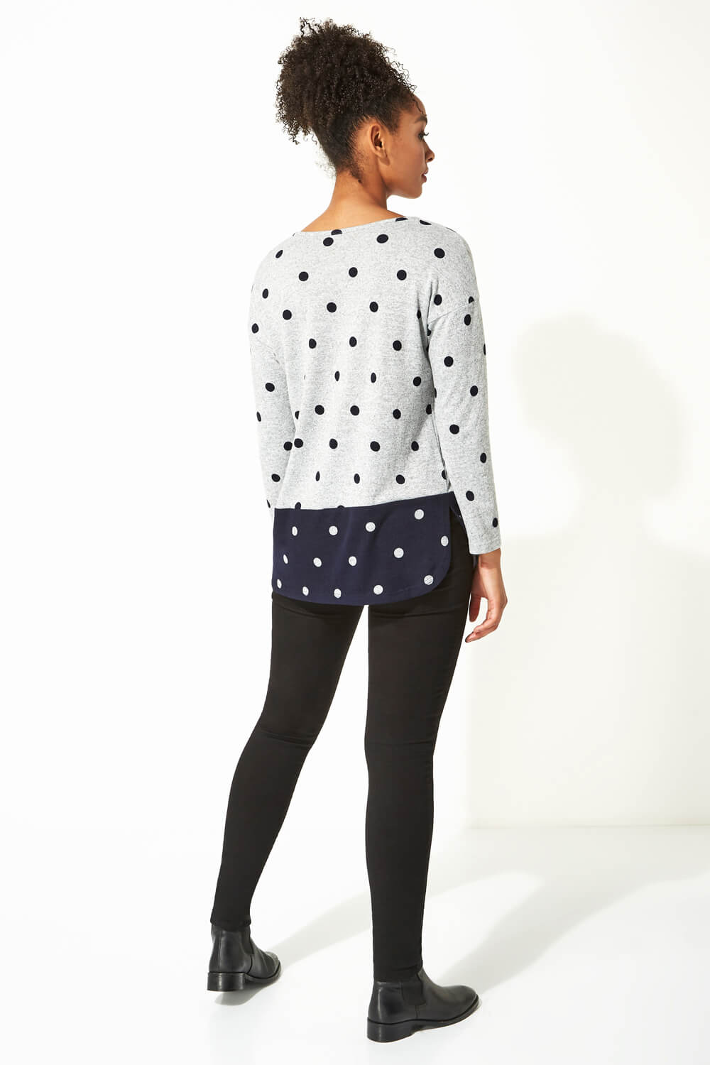 Grey Contrast Polka Dot Round Neck Long Sleeve Top, Image 3 of 4