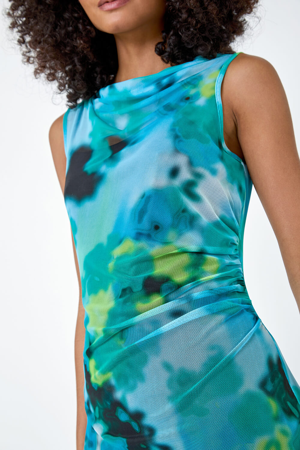 Blue Abstract Print Stretch Mesh Midi Dress, Image 5 of 5