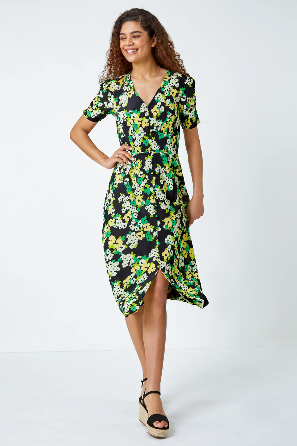 Green Ditsy Floral Ruched Sleeve Midi Dress, Image 2 of 5