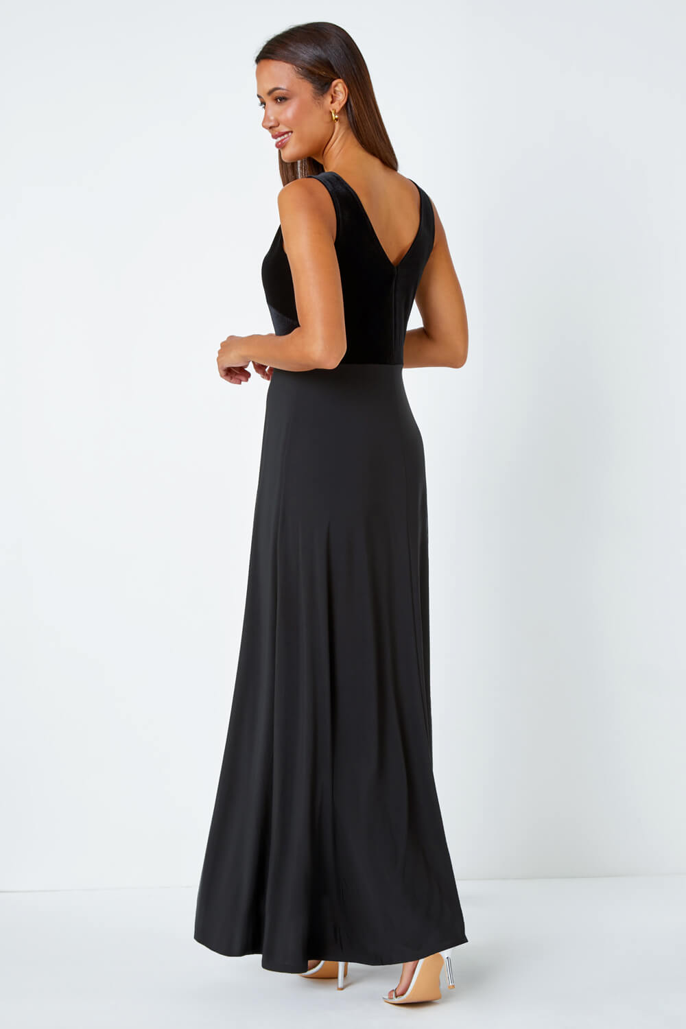 Black Velvet Twist Front Maxi Stretch Dress, Image 3 of 5