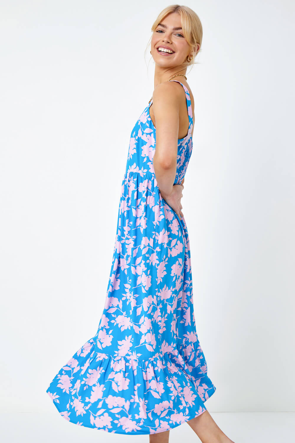Sky Blue Sleeveless Floral Tiered Midi Dress, Image 4 of 5