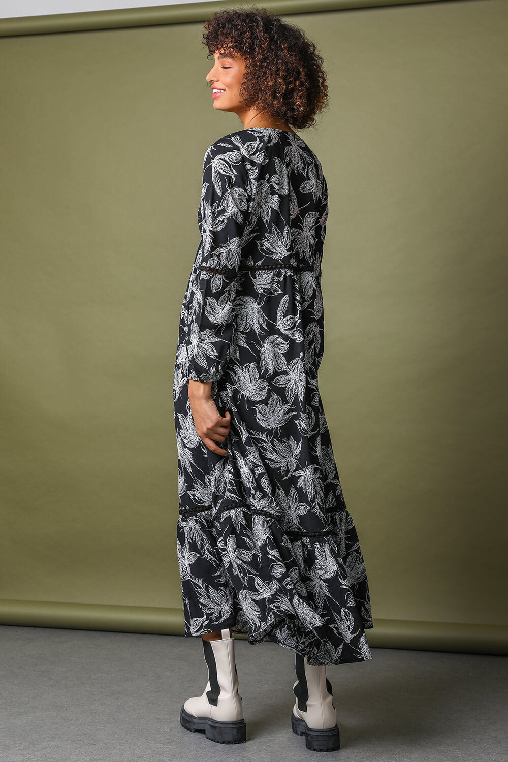 Black Floral Print Tiered Maxi Dress, Image 2 of 5
