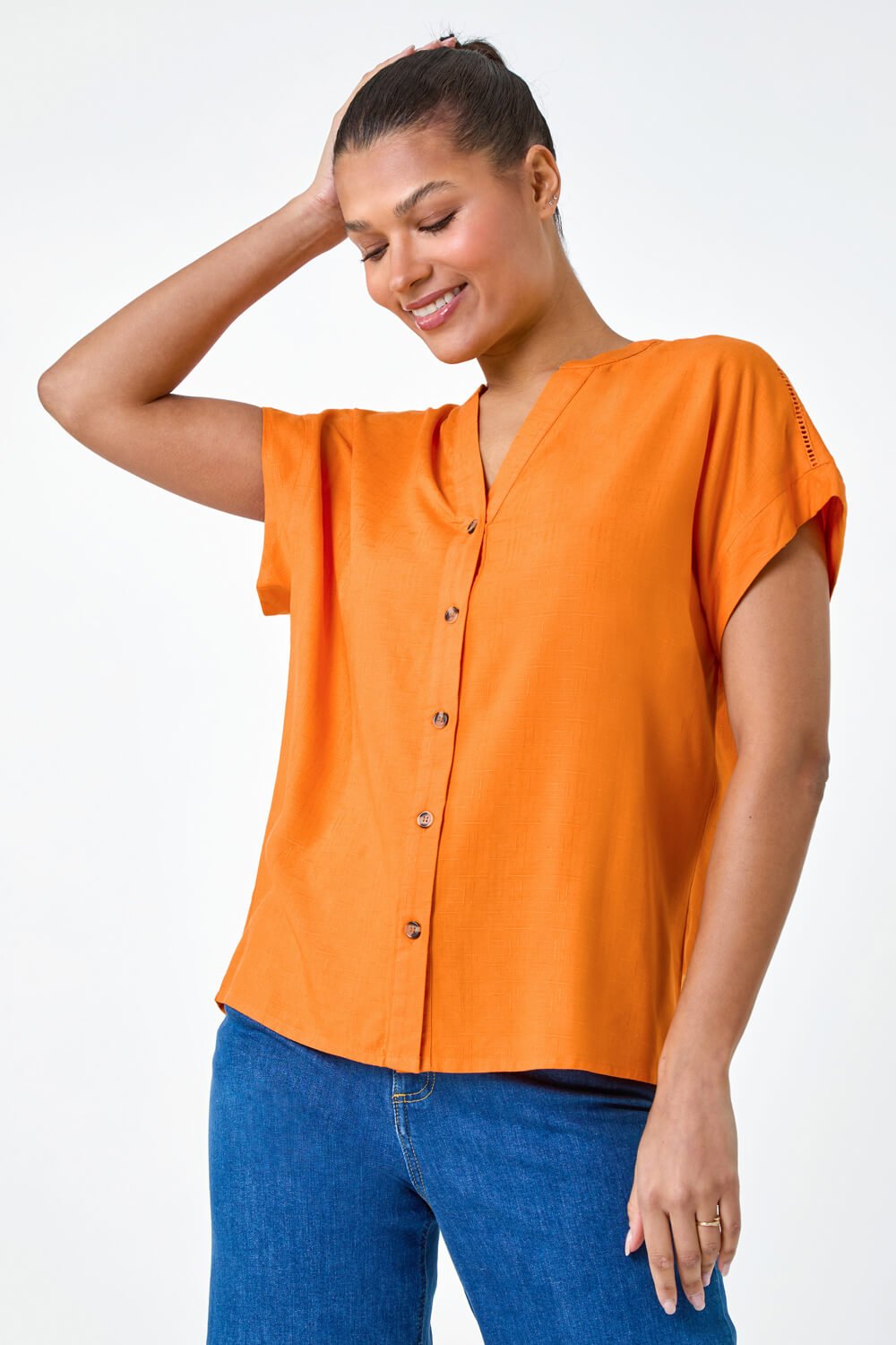 ORANGE Plain Button Through Relaxed Shirt, Image 4 of 5