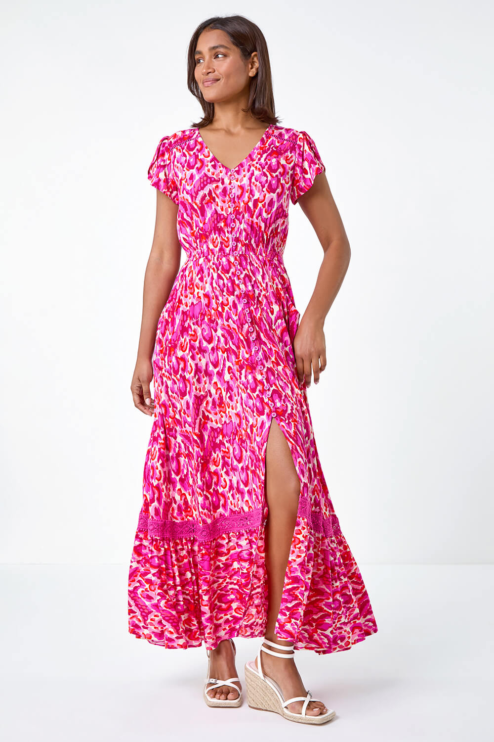 PINK Abstract Print Shirred Waist Maxi Dress, Image 2 of 5