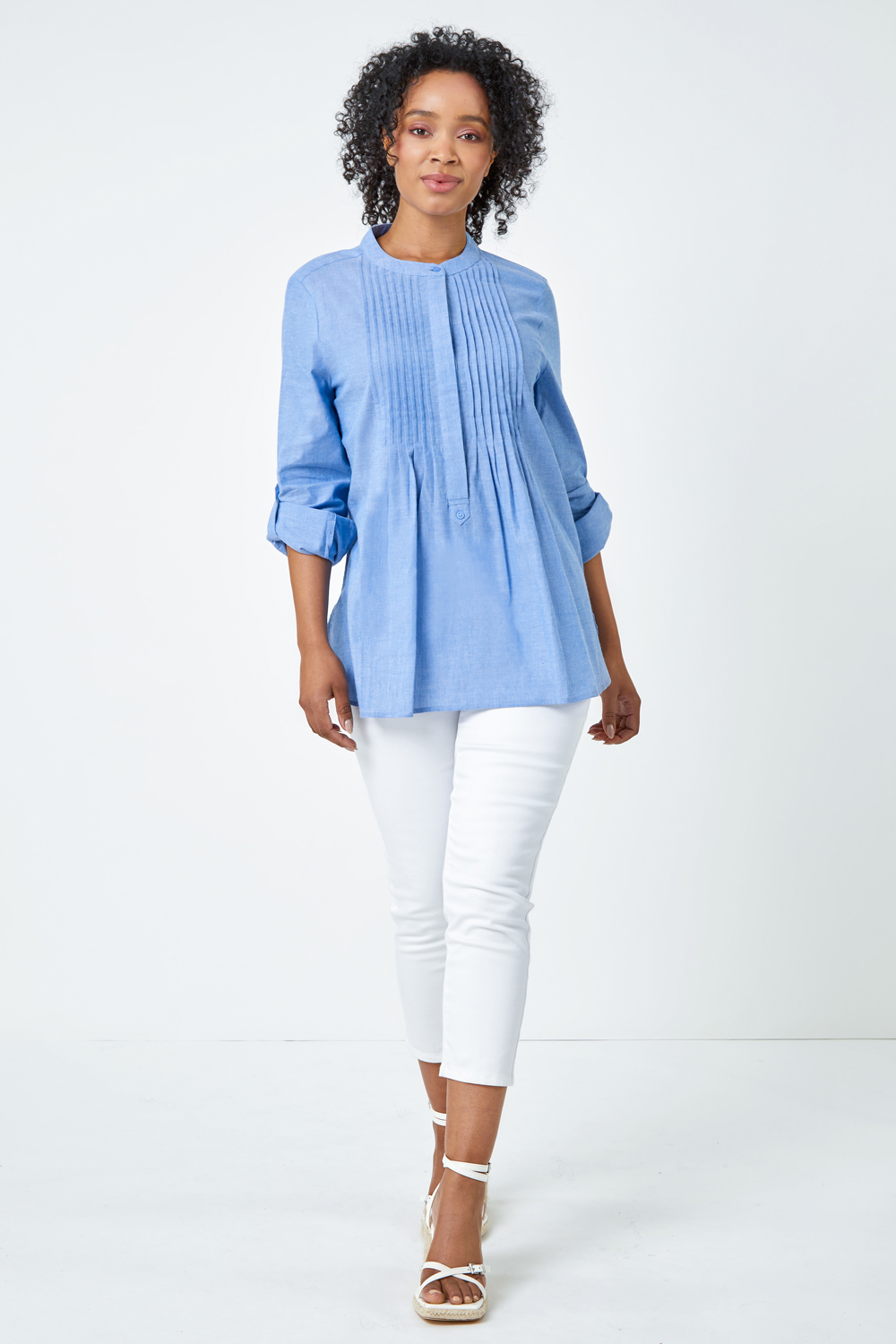 Blue Petite Collarless Cotton Shirt, Image 2 of 5