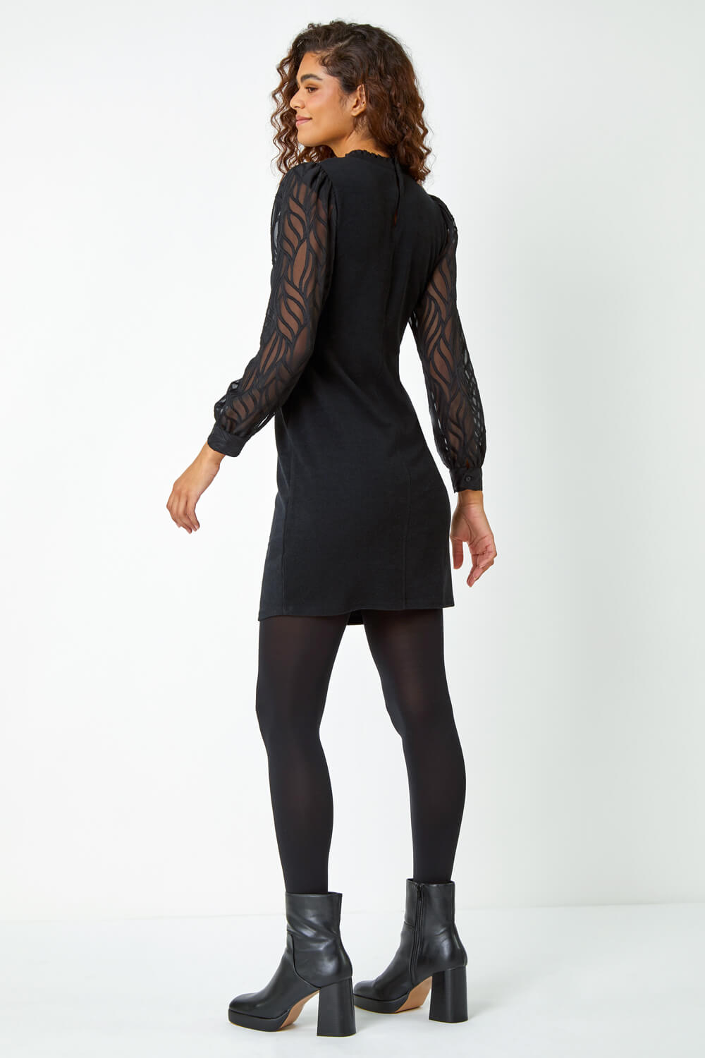 Black Contrast Chiffon Sleeve Stretch Dress, Image 3 of 5